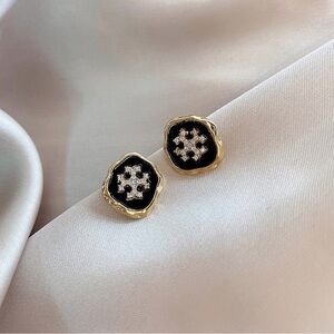 Iconic Tory Burch Black and Gold Stud Earrings With Rhinestones Bestseller Style